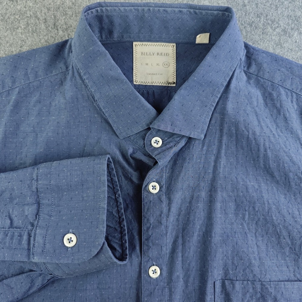 Billy Reid Button Down Shirt Mens XXL Standard Cut Blue Dobby Dot Long Sleeve